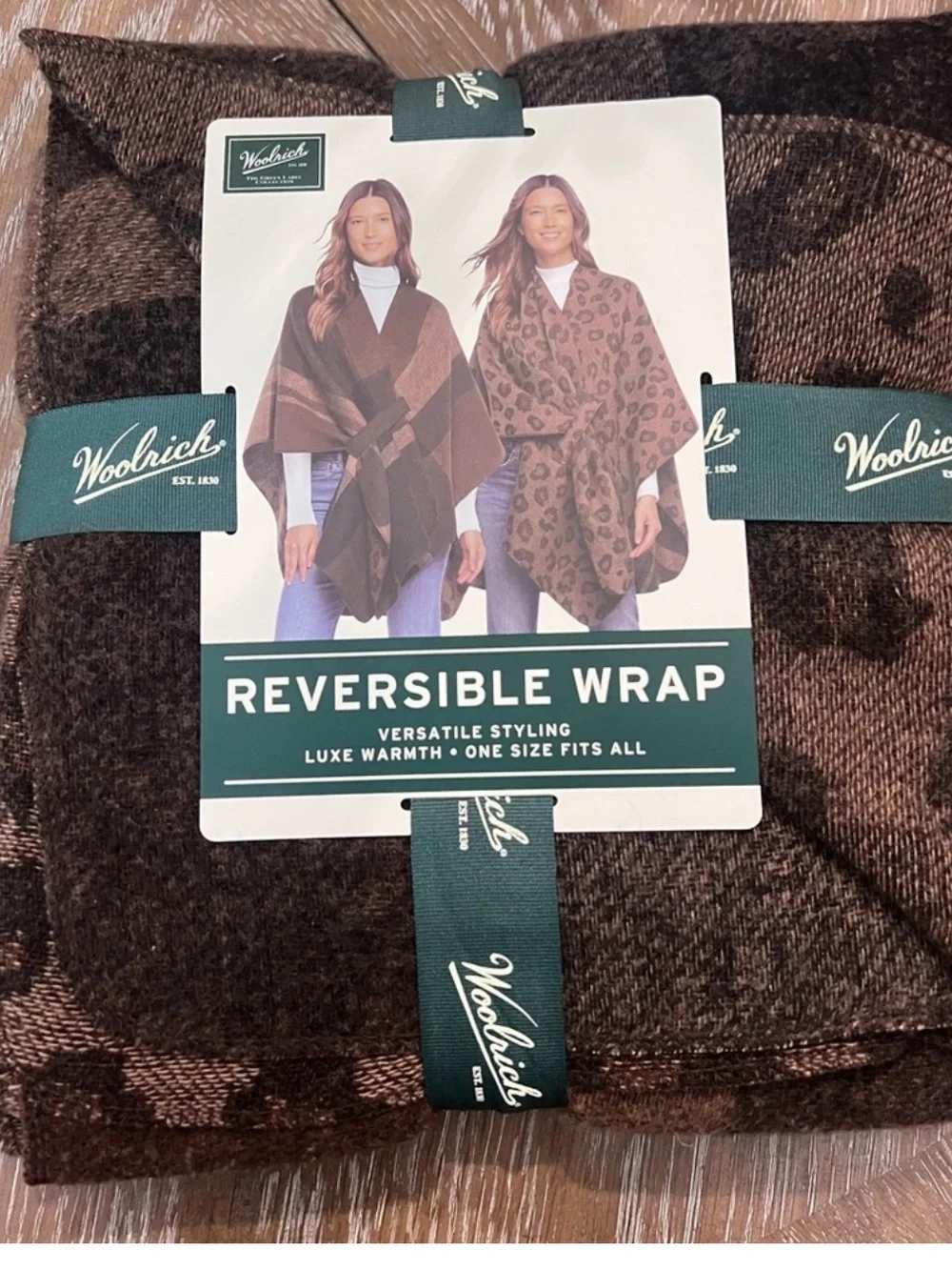 Woolrich Reversible Wrap Poncho Brown Plaid Leopard One Size NWT MSRP $79